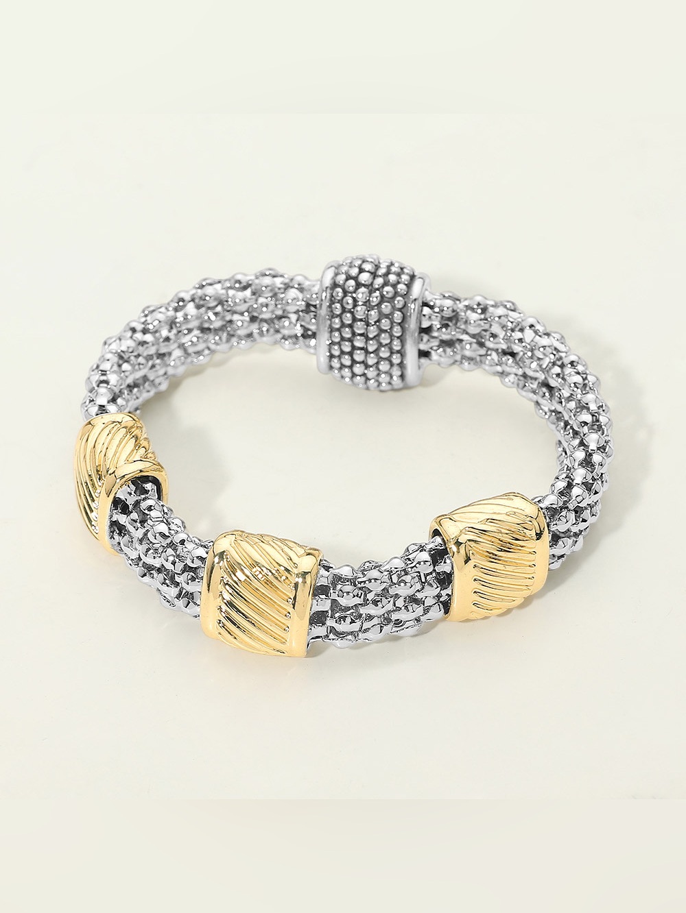 14K Gold Plated Two Tone Sculpted Accent Textured Band Magnetic Bracelet